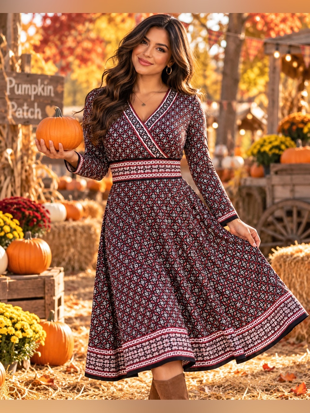 Max Studio Burgundy Geometric Faux Wrap Maxi Dress XS Boho Fall